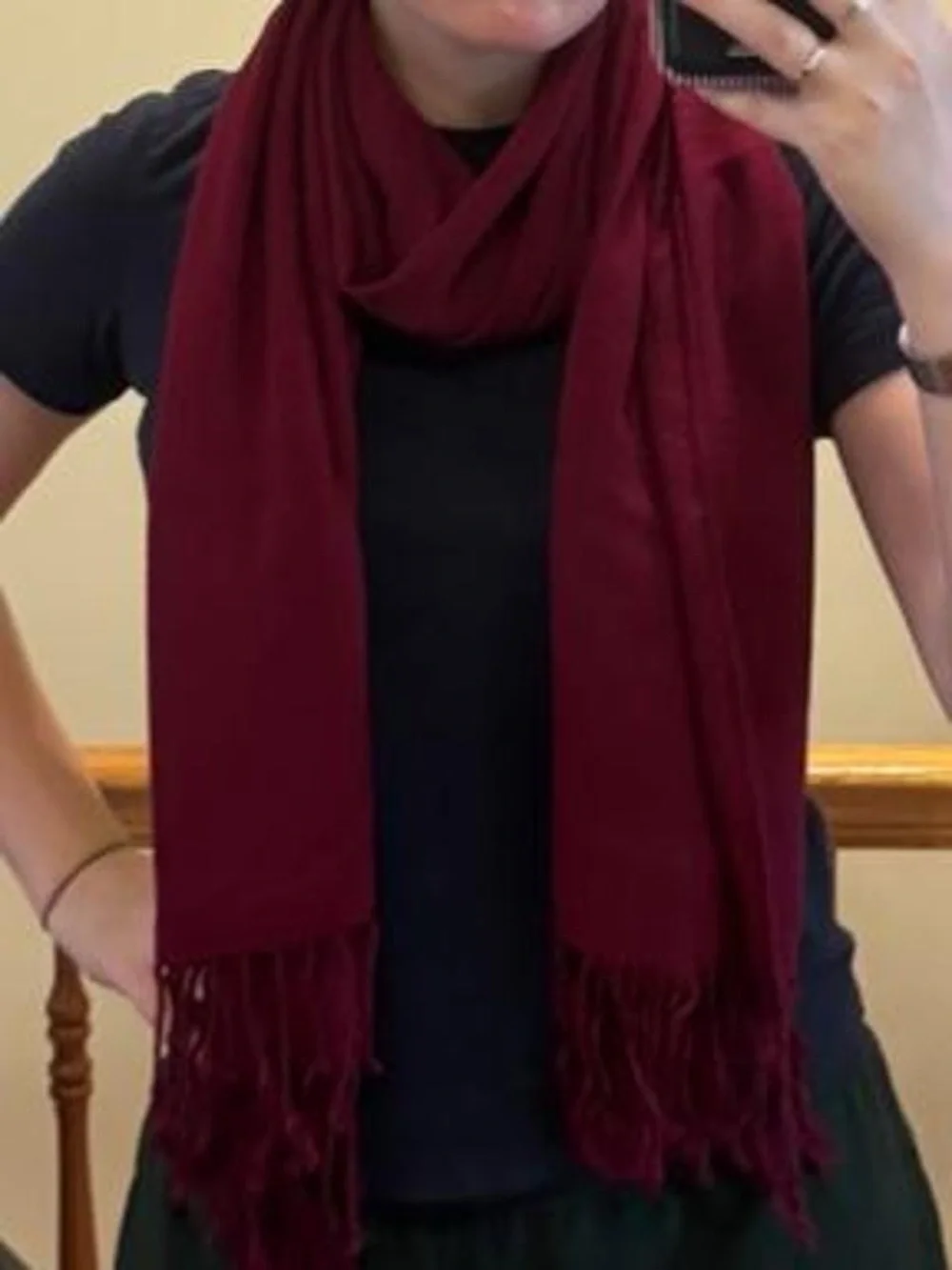 cozy red scarf with fringe